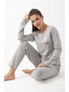 Pruhované dlhé dámske pyžamo - Sporty - šedé