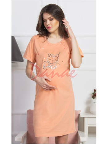Materská nočná košeľa rozopínaná - Lovely Cat - lososová