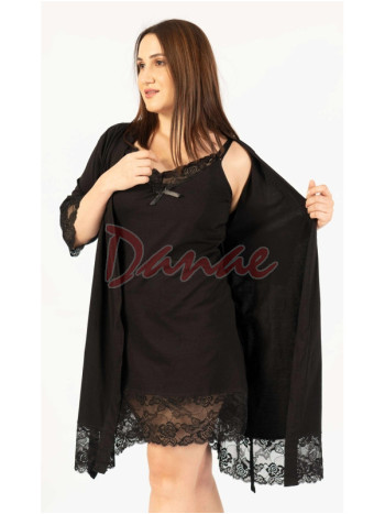 Dámska čierna bavlnená súprava s krajkou - košielka a župan