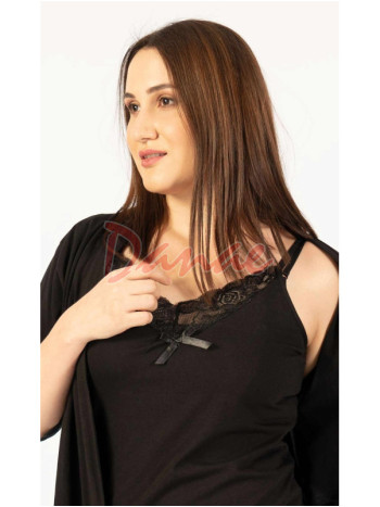 Dámska čierna bavlnená súprava s krajkou - košielka a župan