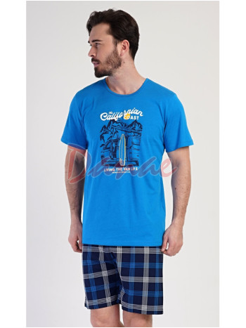 Pánske pyžamo krátke káro šortky California modrá
