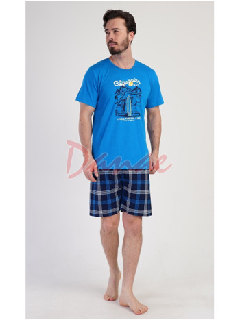 Pánske pyžamo krátke káro šortky California modrá