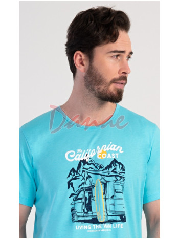 Pánske pyžamo krátke káro šortky California tyrkysová