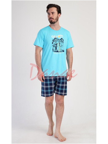 Pánske pyžamo krátke káro šortky California tyrkysová