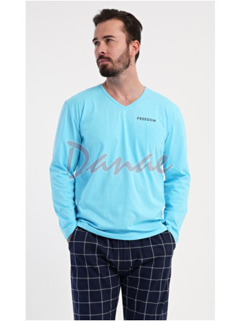 Pánske pyžamo dlhé Freedom káro nohavice tyrkysová