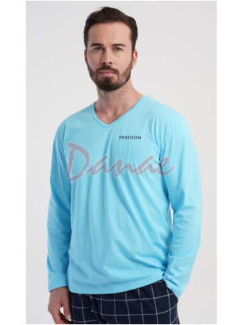 Pánske pyžamo dlhé Freedom káro nohavice tyrkysová