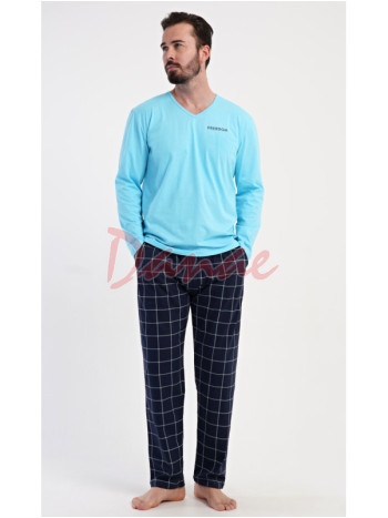 Pánske pyžamo dlhé Freedom káro nohavice tyrkysová
