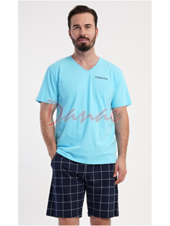 Pánske pyžamo krátke Freedom káro šortky tyrkysová