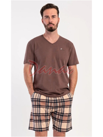 Pánske pyžamo krátke Norbert káro šortky hnedá