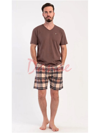 Pánske pyžamo krátke Norbert káro šortky hnedá